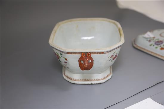 A Chinese export famille rose double peacock soup tureen and cover, Qianlong period, W. 34.5cm